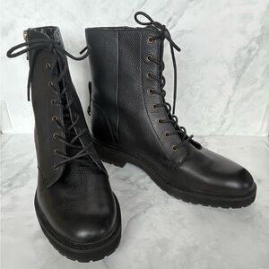 COLE HAAN Women’s Black Leather Greenwich Lace-Up Combat Boots with Side Zipper